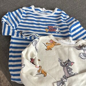 H&M Kids Tom and Jerry Striped and Printed Tops - Blue and Cream